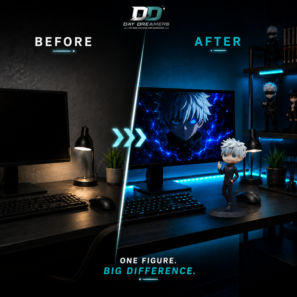 Anime desk before and after Gojo figure — 
Day Dreamers desk transformation