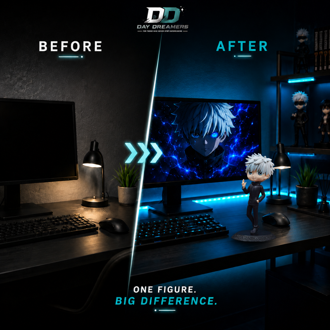 Anime desk before and after Gojo figure — 
Day Dreamers desk transformation