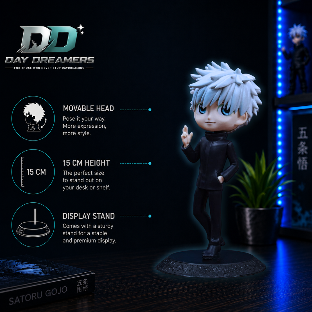Gojo chibi figure features — movable head, 
15cm height, premium display stand