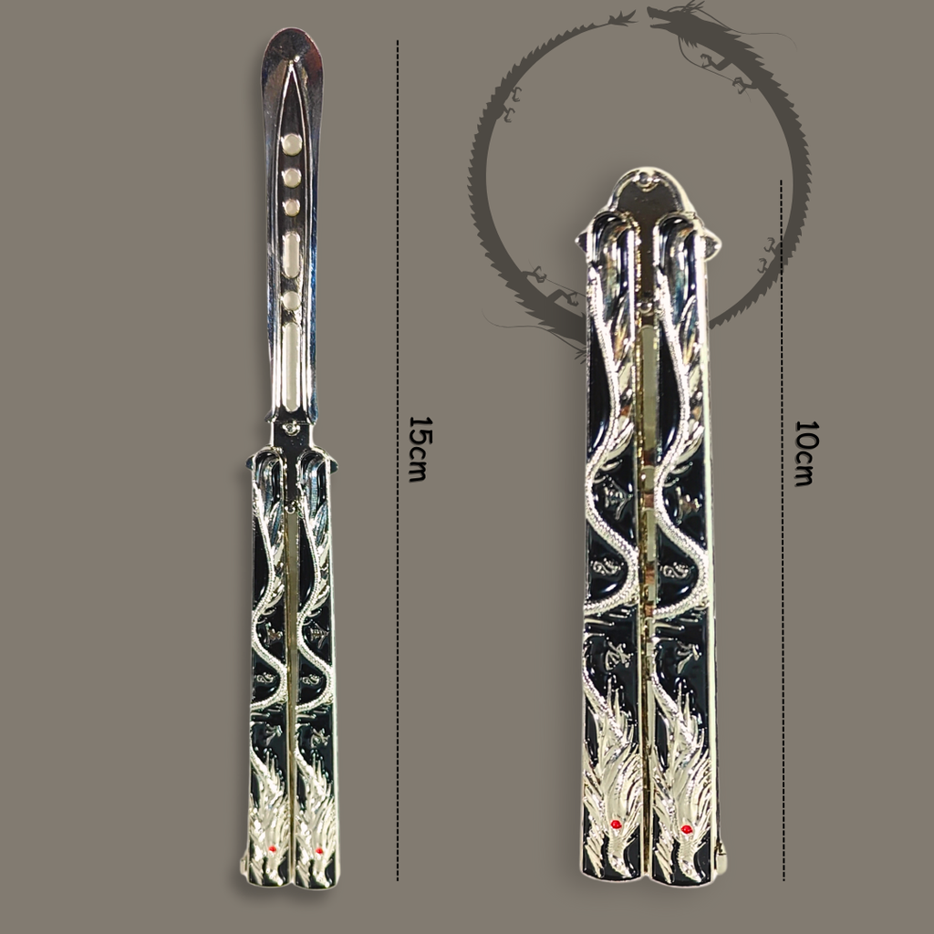 Metal decorative butterfly knife with dragon engravings and smooth handles — balisong trainer blade