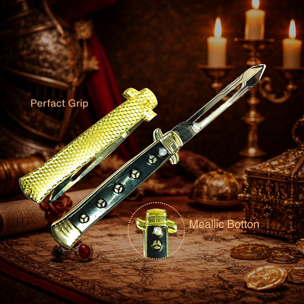 Royal foldable knife with metallic finish and gold accents on black background