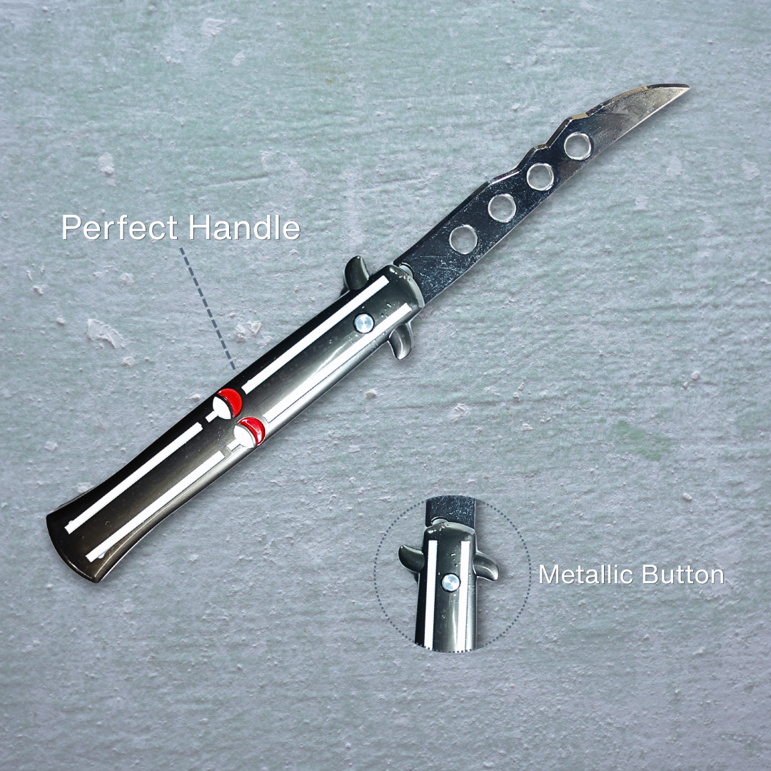 Naruto Uchiha inspired foldable knife open blade showing detailed engraving