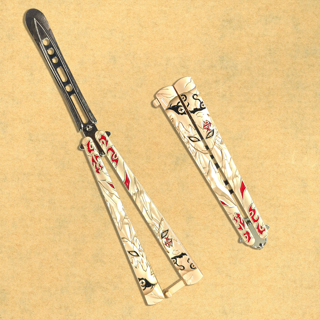 Golden Naruto engraved metal butterfly knife trainer with red accents — decorative balisong blade