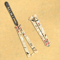 Golden Naruto engraved metal butterfly knife trainer with red accents — decorative balisong blade