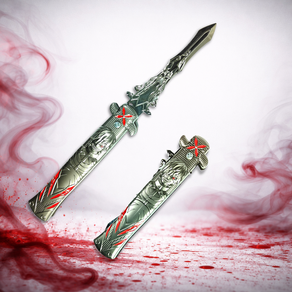 Tokyo Ghoul inspired foldable knife with Ken Kaneki engraving and red accents on dark aesthetic background