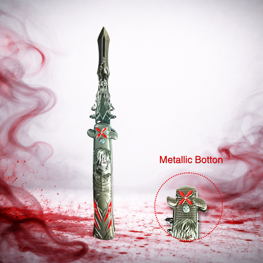 Anime foldable knife open blade featuring Tokyo Ghoul Kaneki design with detailed metal engraving