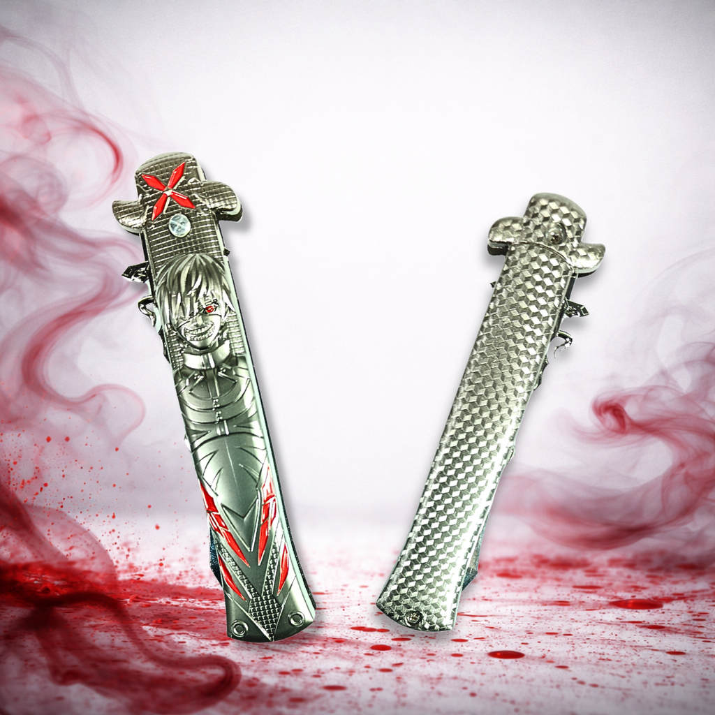 Closed Tokyo Ghoul knife showing engraved anime character handle with red details