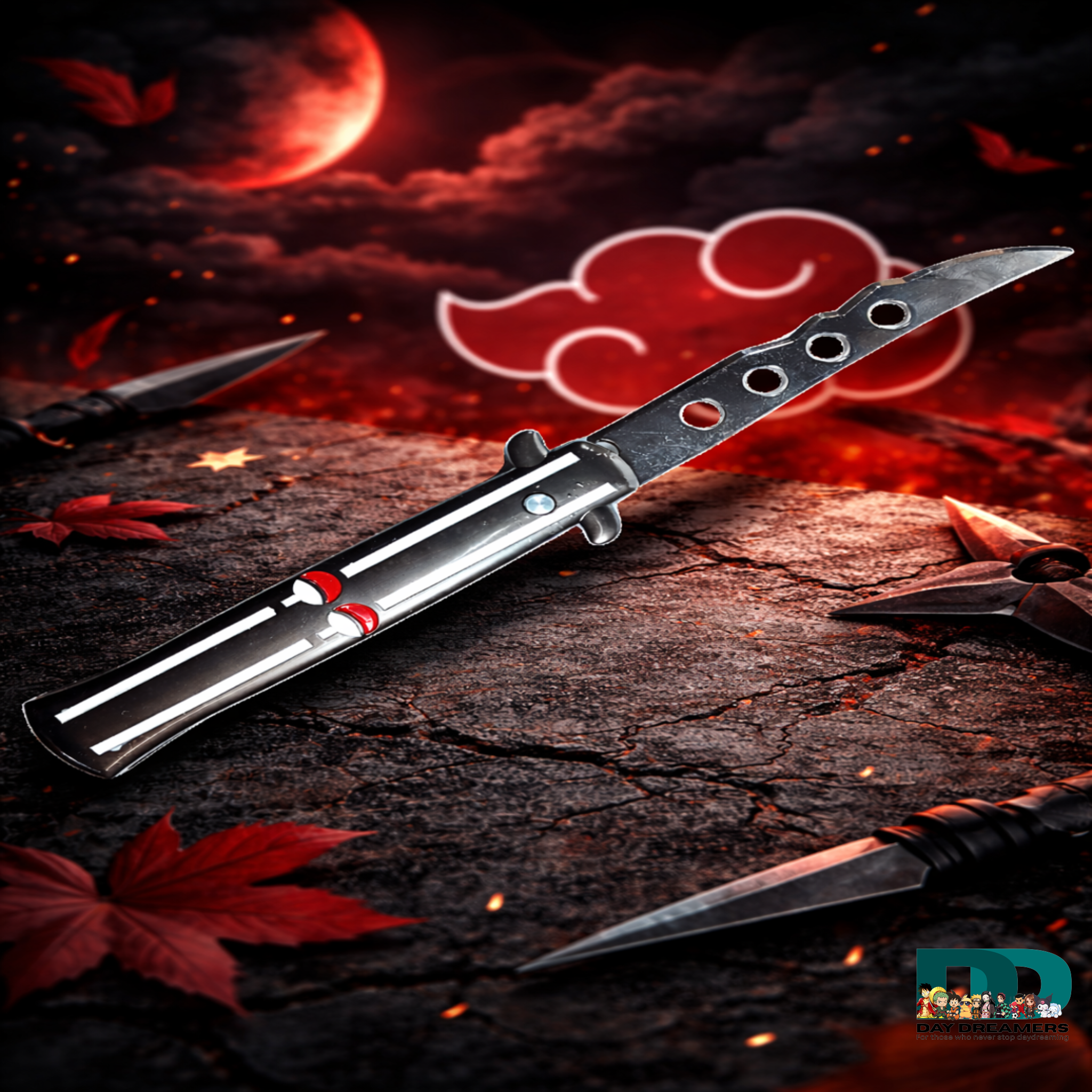 Close-up of Uchiha foldable knife engraving with red accents and metal texture