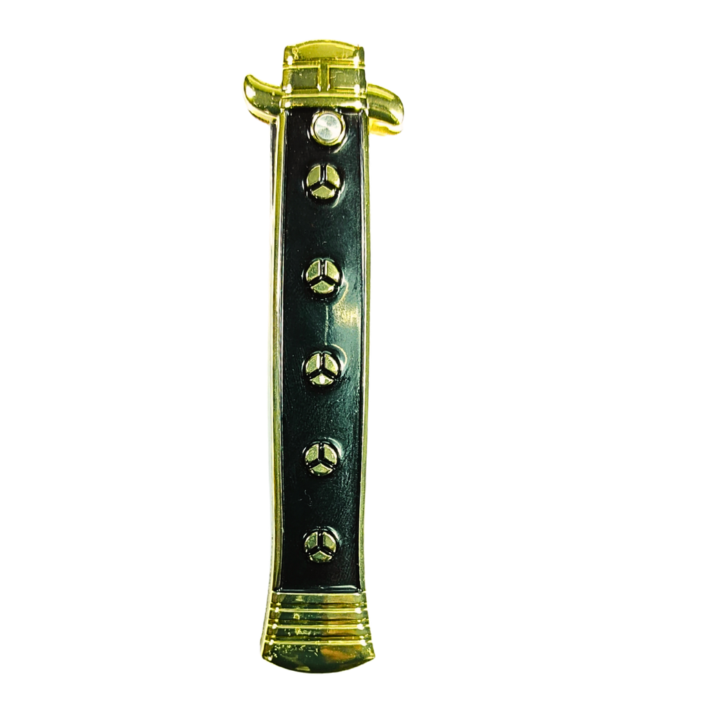 Premium foldable knife open blade showing sleek metal design and gold detailing