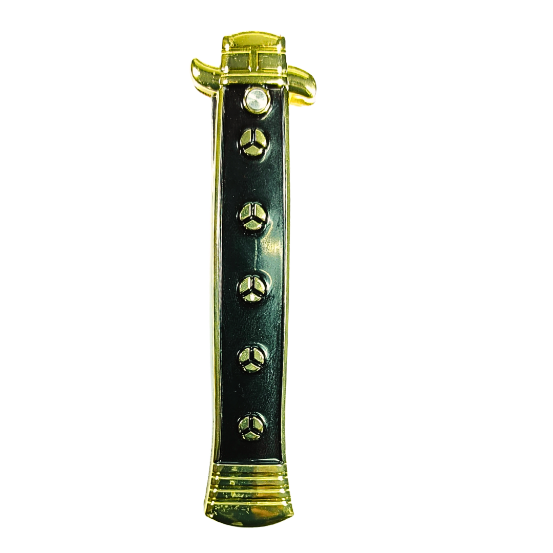 Premium foldable knife open blade showing sleek metal design and gold detailing