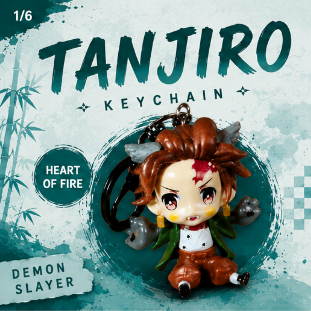 Tanjiro chibi anime keychain front view with premium detailing and metal keyring attachment