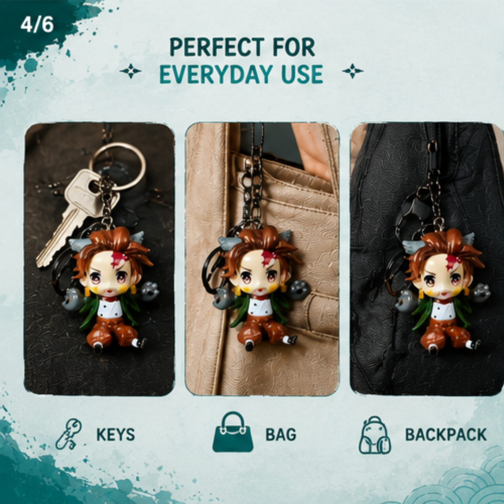 Tanjiro anime keychain attached to keys, bag, and backpack for everyday carry