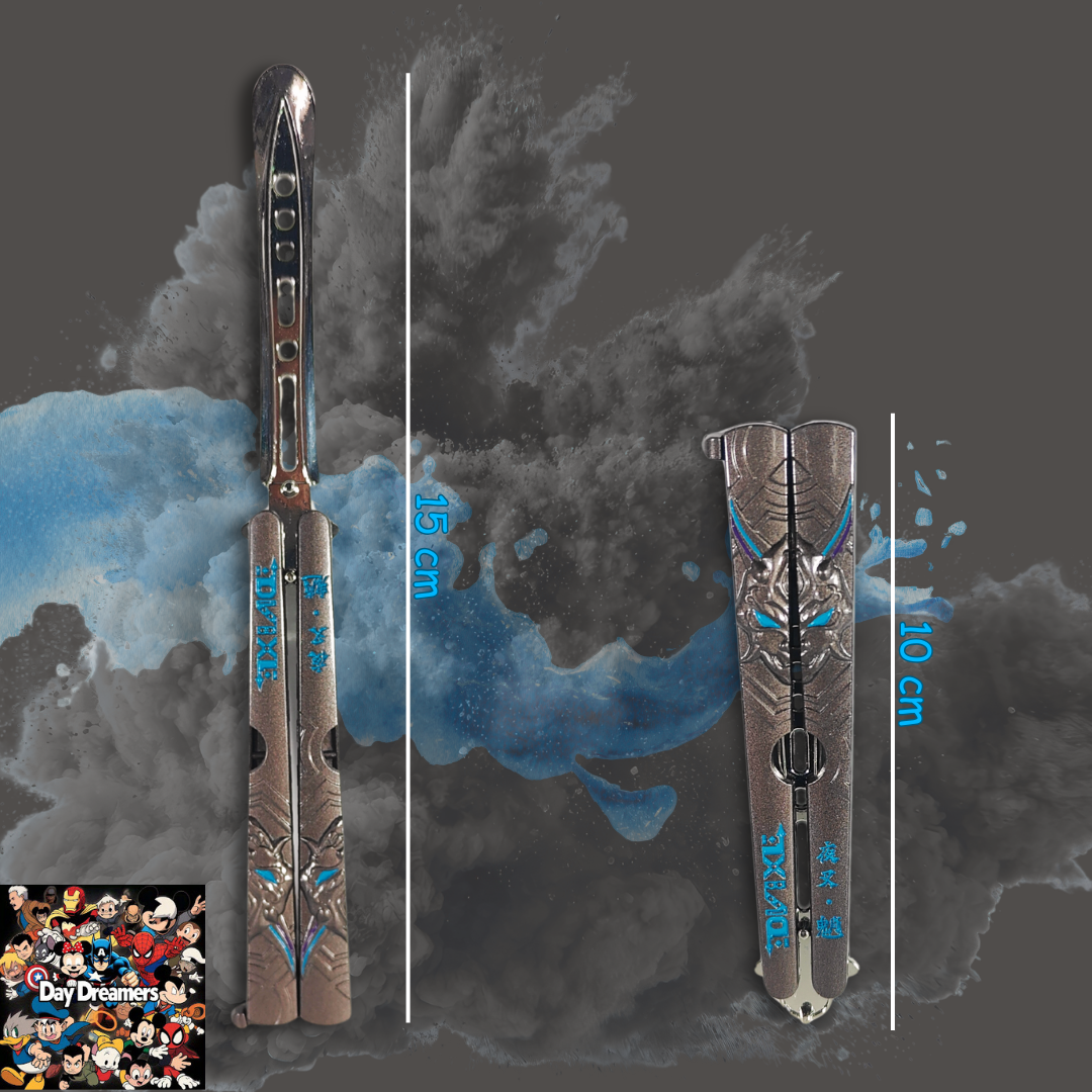 Blue echo dragon engraved metal butterfly knife trainer with smooth pivot handles — decorative balisong blade