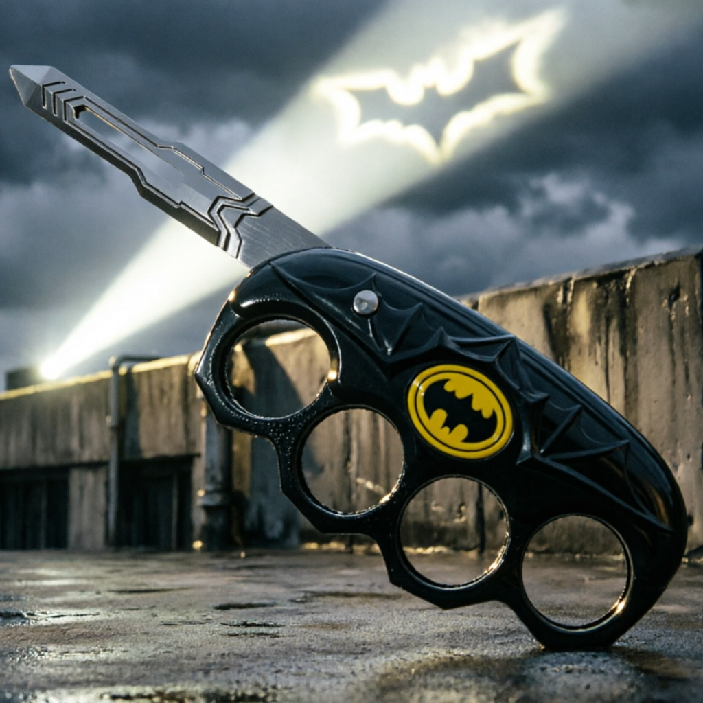 black batman inspired knuckle folding knife with yellow emblem