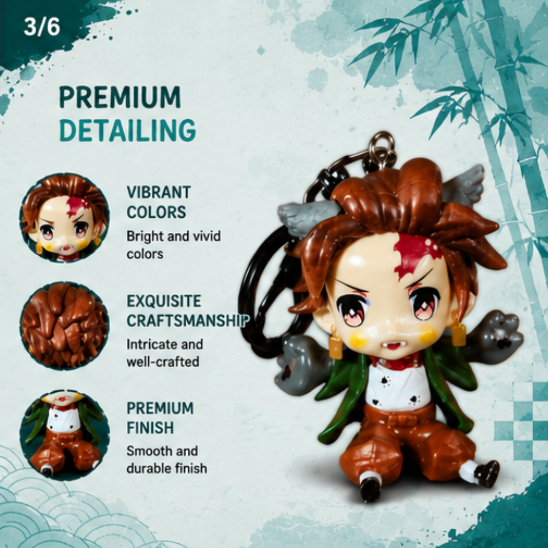 Close-up of Tanjiro chibi keychain highlighting facial details, sculpting, and premium finish