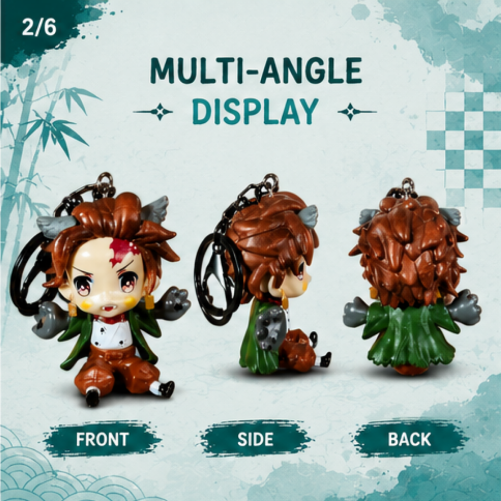 Tanjiro anime keychain showing front, side, and back views with detailed chibi design