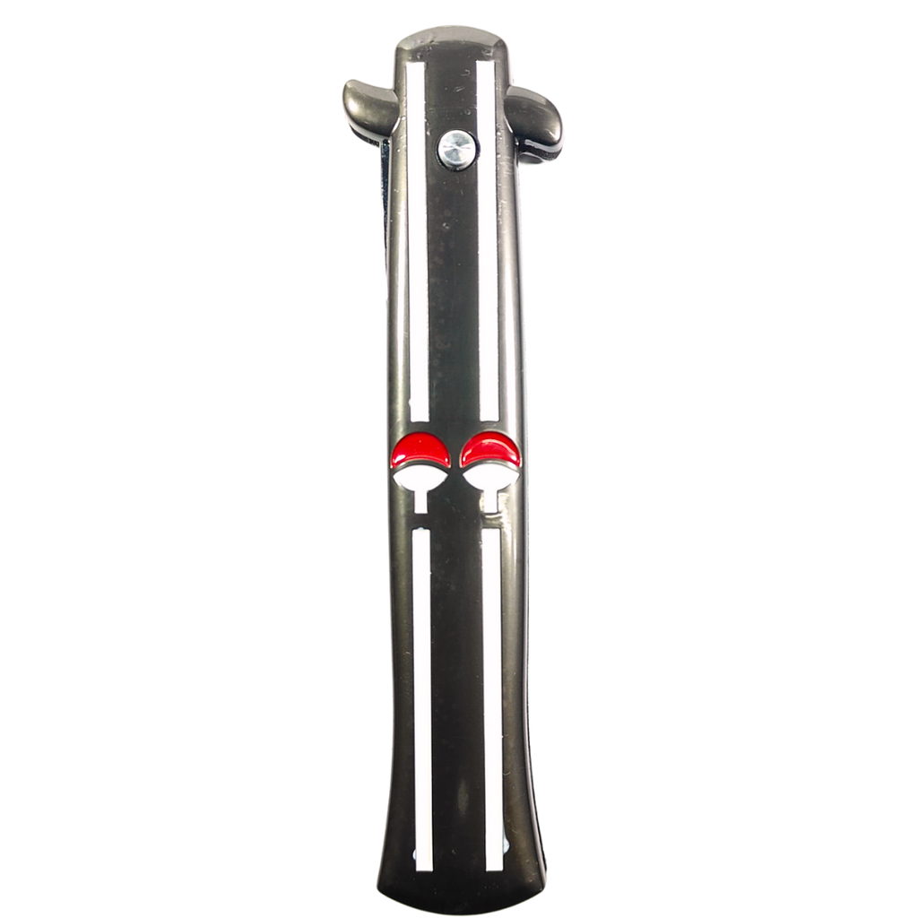 Closed Uchiha anime knife with engraved handle and red detailing