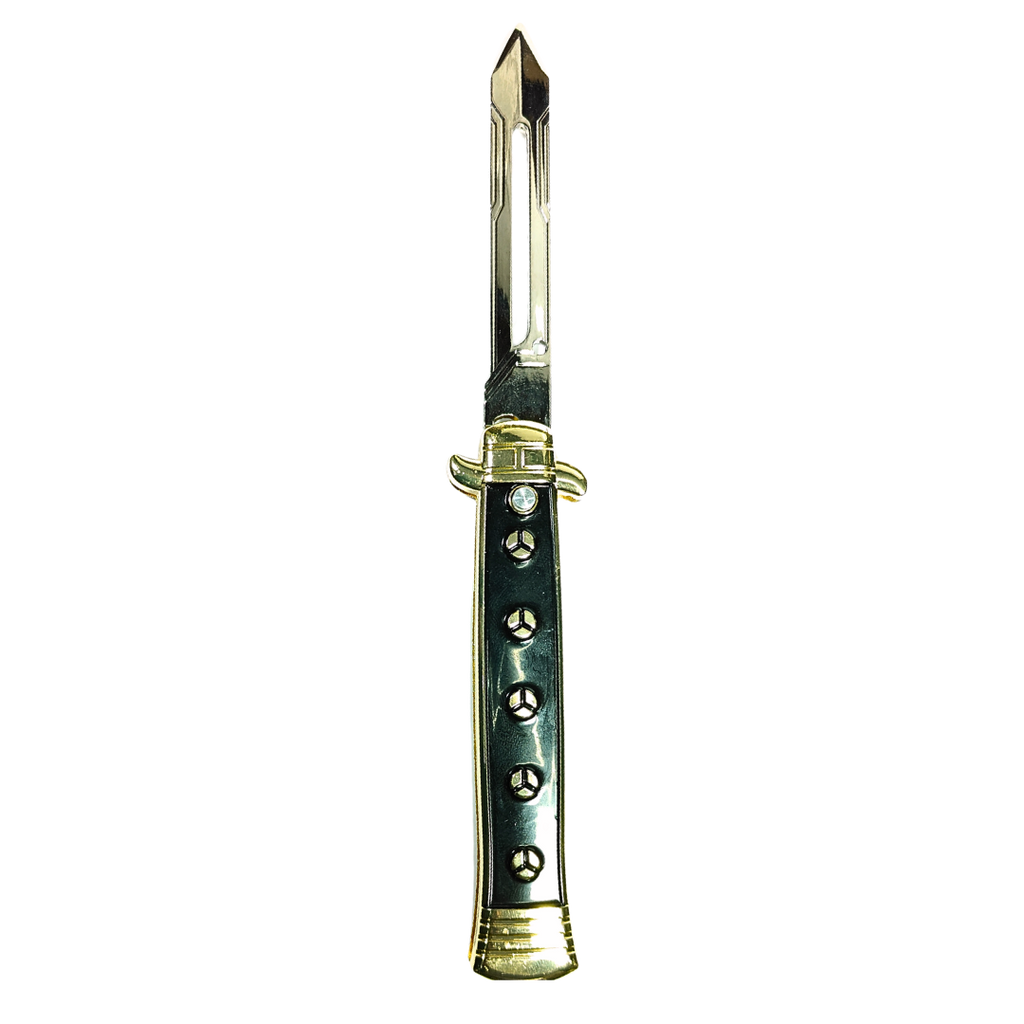 Closed royal style foldable knife with black handle and gold accents